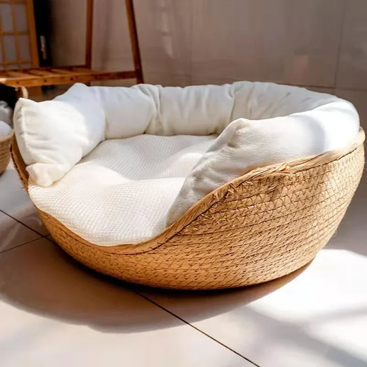 Handwoven Bamboo Cat Nest – Breathable Basket with Washable Cushion
