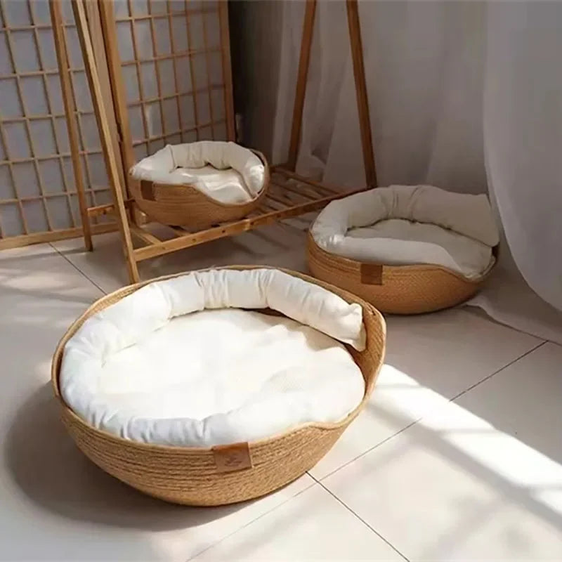 Handwoven Bamboo Cat Nest – Breathable Basket with Washable Cushion