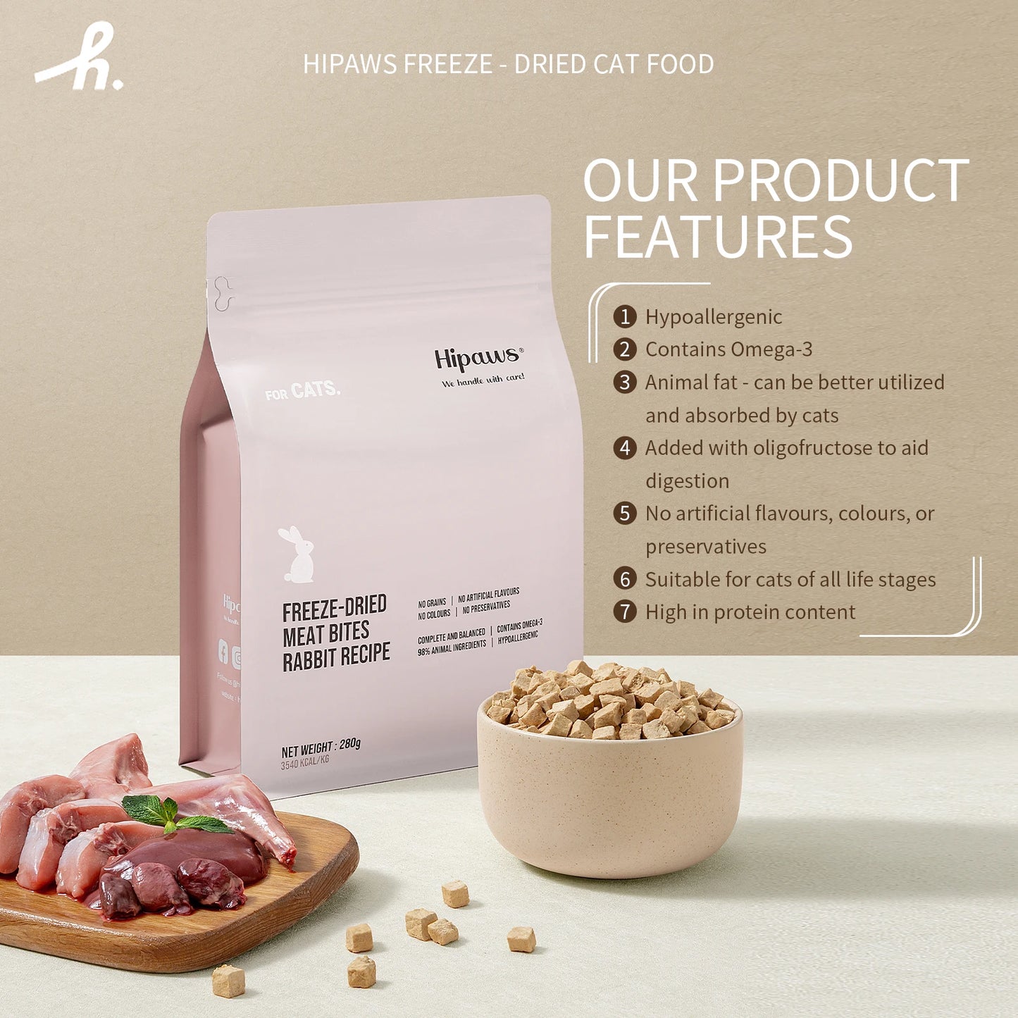 Hipaws Complete Natural Freeze-Dried Cat Food – Rabbit Recipe (280g)