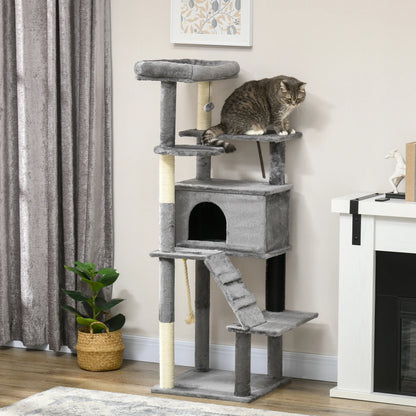 PawHut Cat Tree Tower for Indoor Cats with Scratching Post, House, Toy, Grey