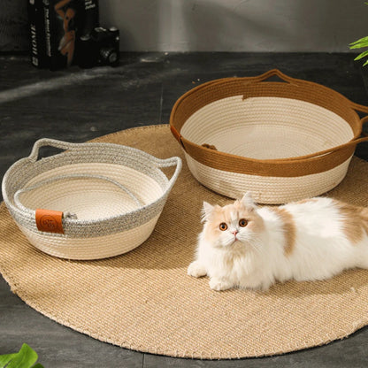 Rattan Woven Cat Bed – Handmade with Washable Cushion - Gray