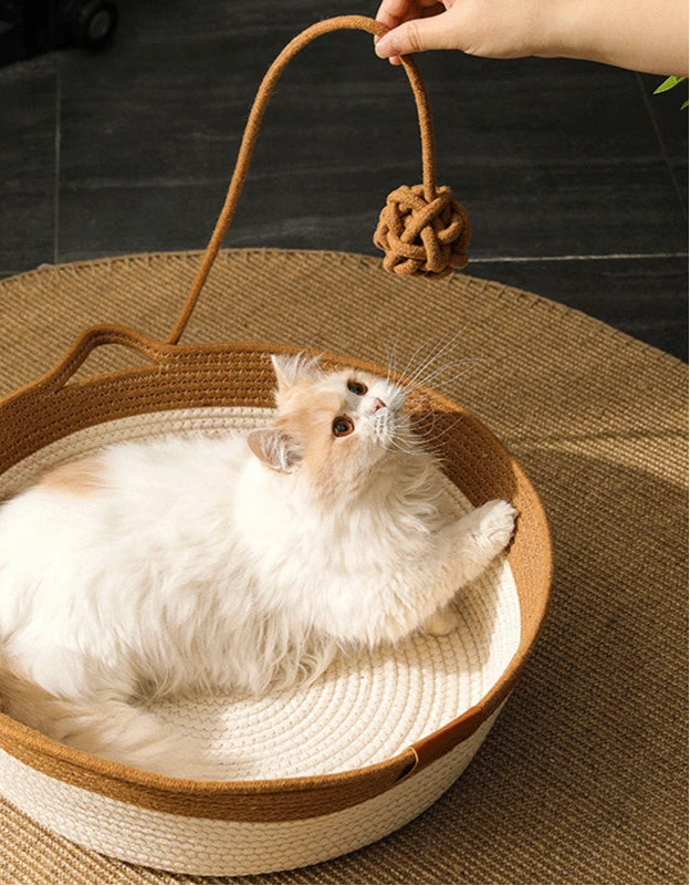 Rattan Woven Cat Bed – Handmade with Washable Cushion - Brown