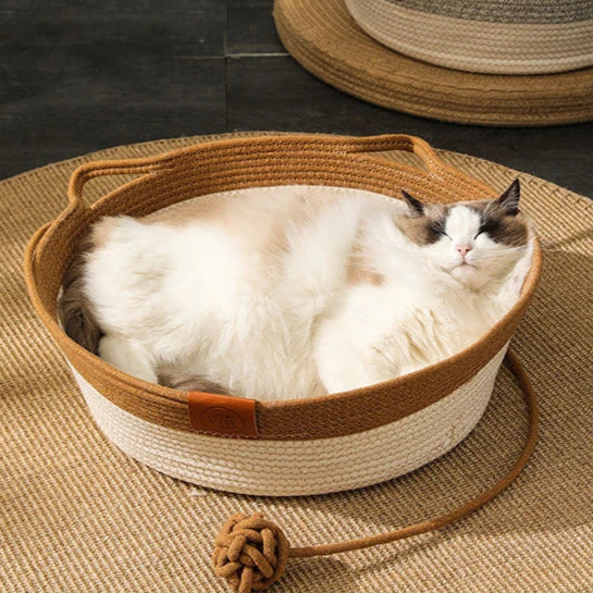 Rattan Woven Cat Bed – Handmade with Washable Cushion - Brown