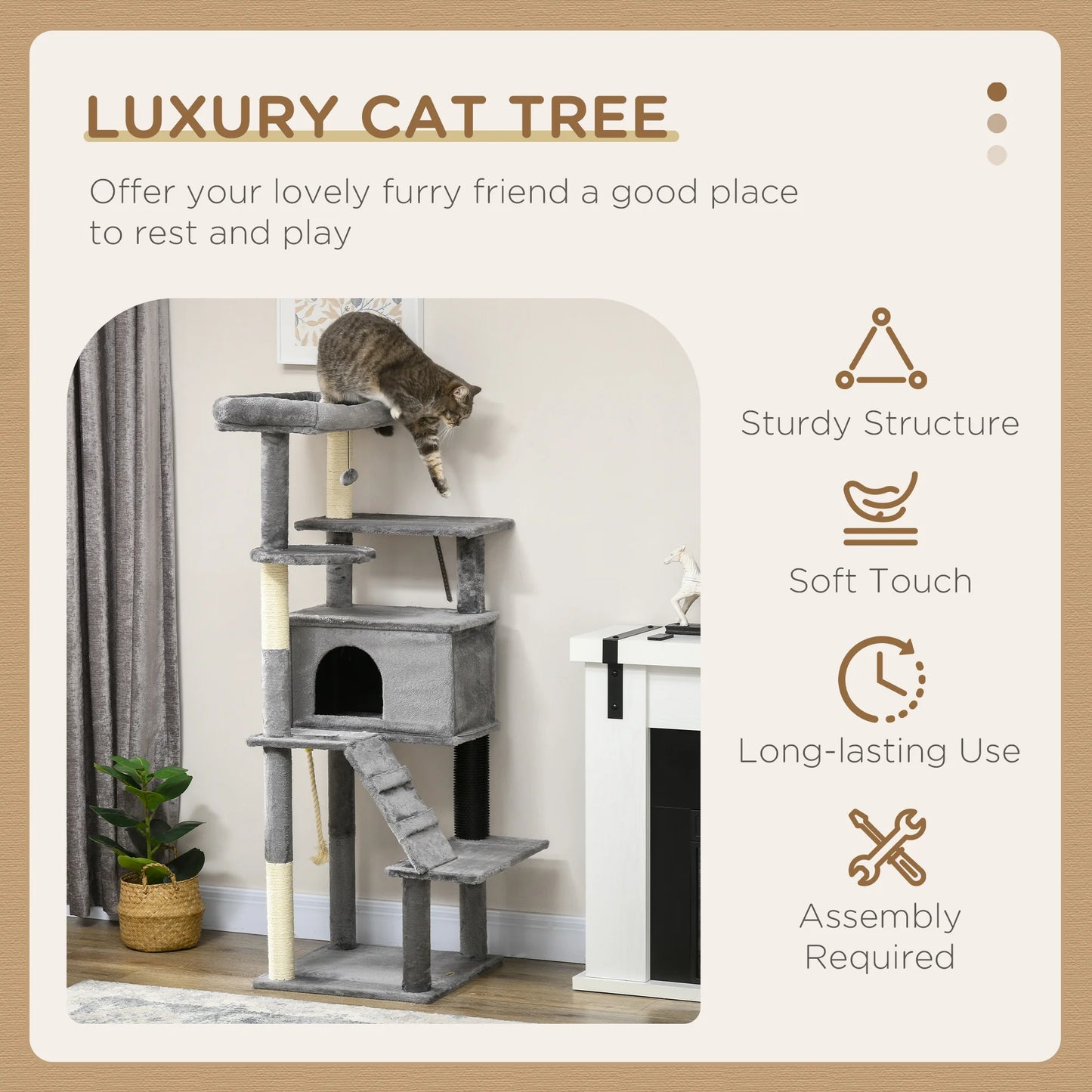 PawHut Cat Tree Tower for Indoor Cats with Scratching Post, House, Toy, Grey