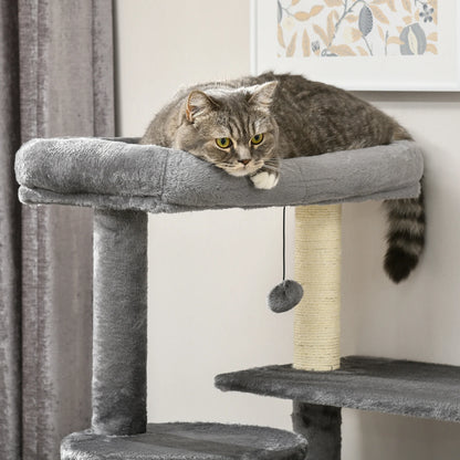 PawHut Cat Tree Tower for Indoor Cats with Scratching Post, House, Toy, Grey