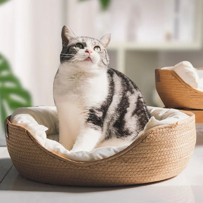 Handwoven Bamboo Cat Nest – Breathable Basket with Washable Cushion