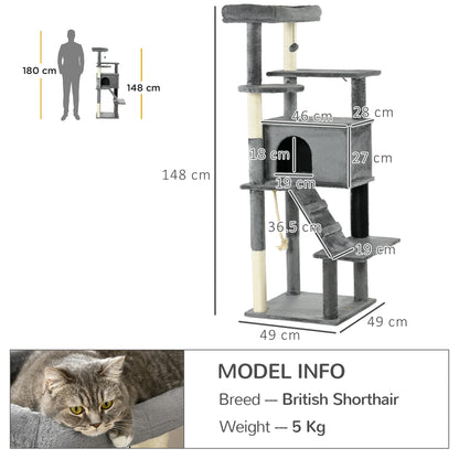 PawHut Cat Tree Tower for Indoor Cats with Scratching Post, House, Toy, Grey